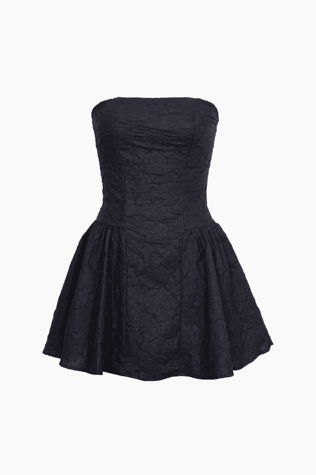 Black Jacquard Fitted Ruffle Hem Strapless Mini Dress