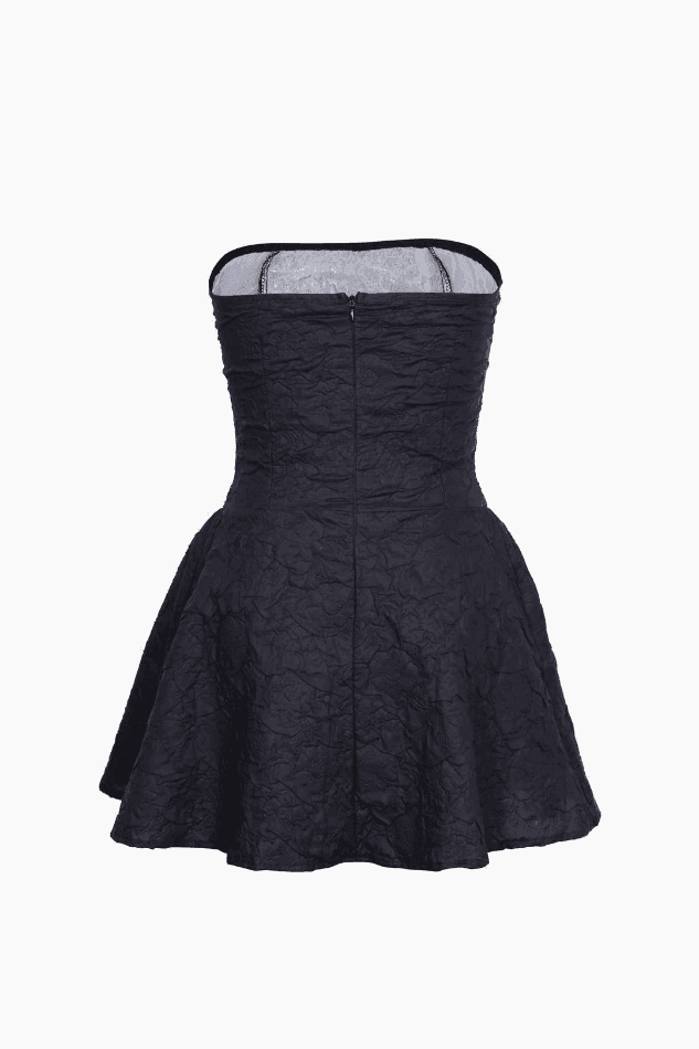 Black Jacquard Fitted Ruffle Hem Strapless Mini Dress