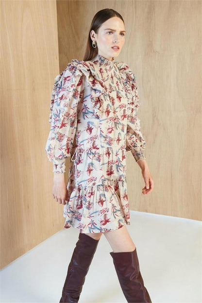 Stand Collar Lantern Sleeve Mini Dress