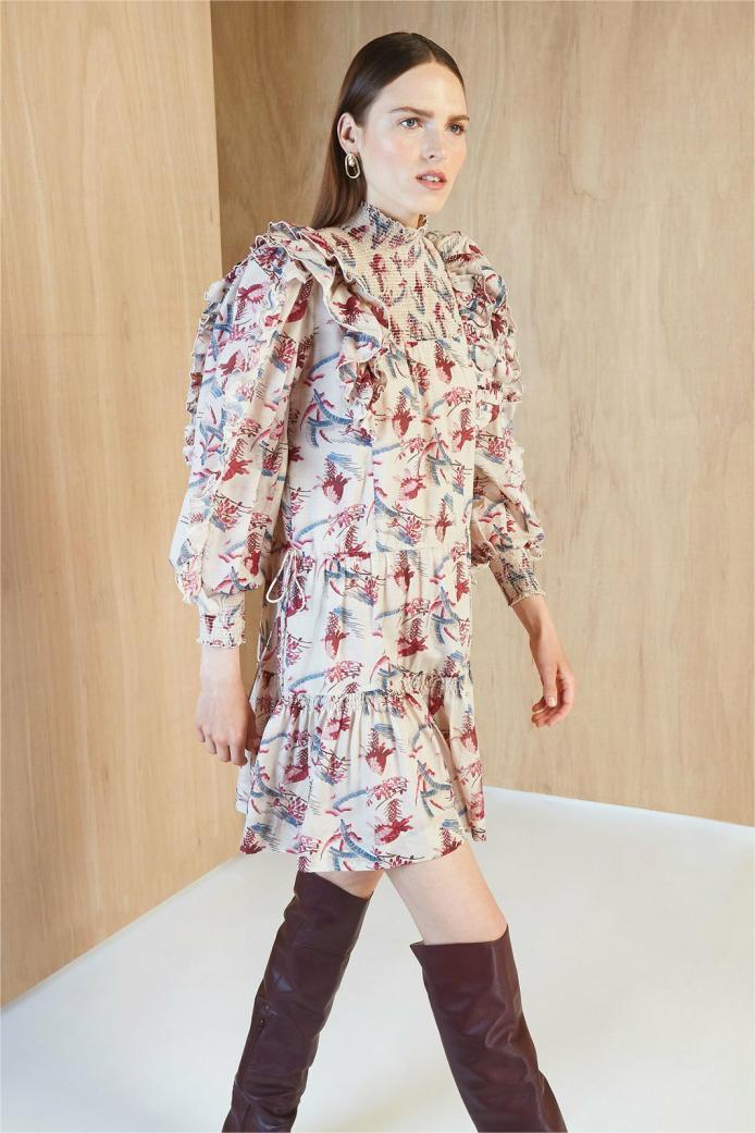 Stand Collar Lantern Sleeve Mini Dress