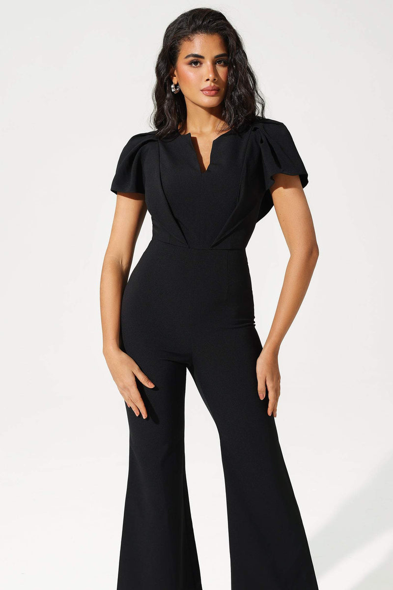 Flutter Sleeve V-neck Ruffle Hem Tapered Waist Jumpsuit