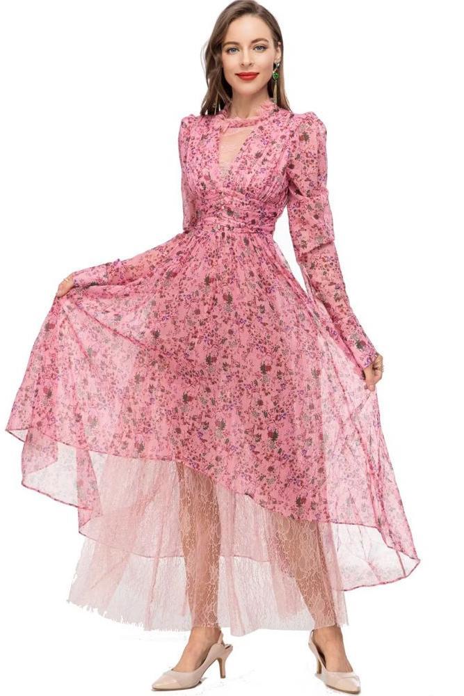 Long Round Collar Lace Waist Midi Dress