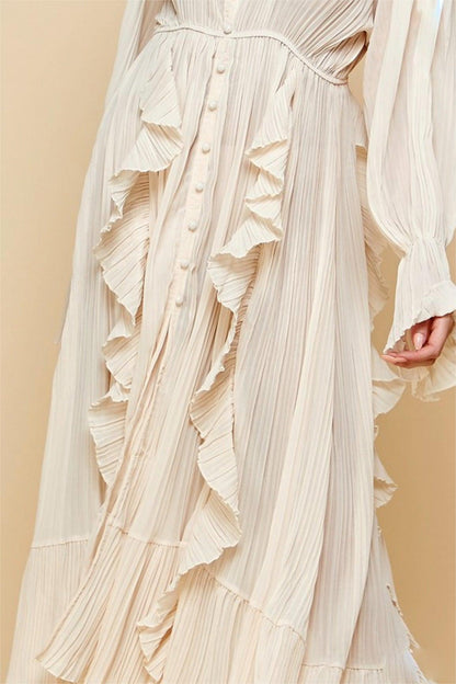 Ruched Single Breasted Ruffle Midi Dress