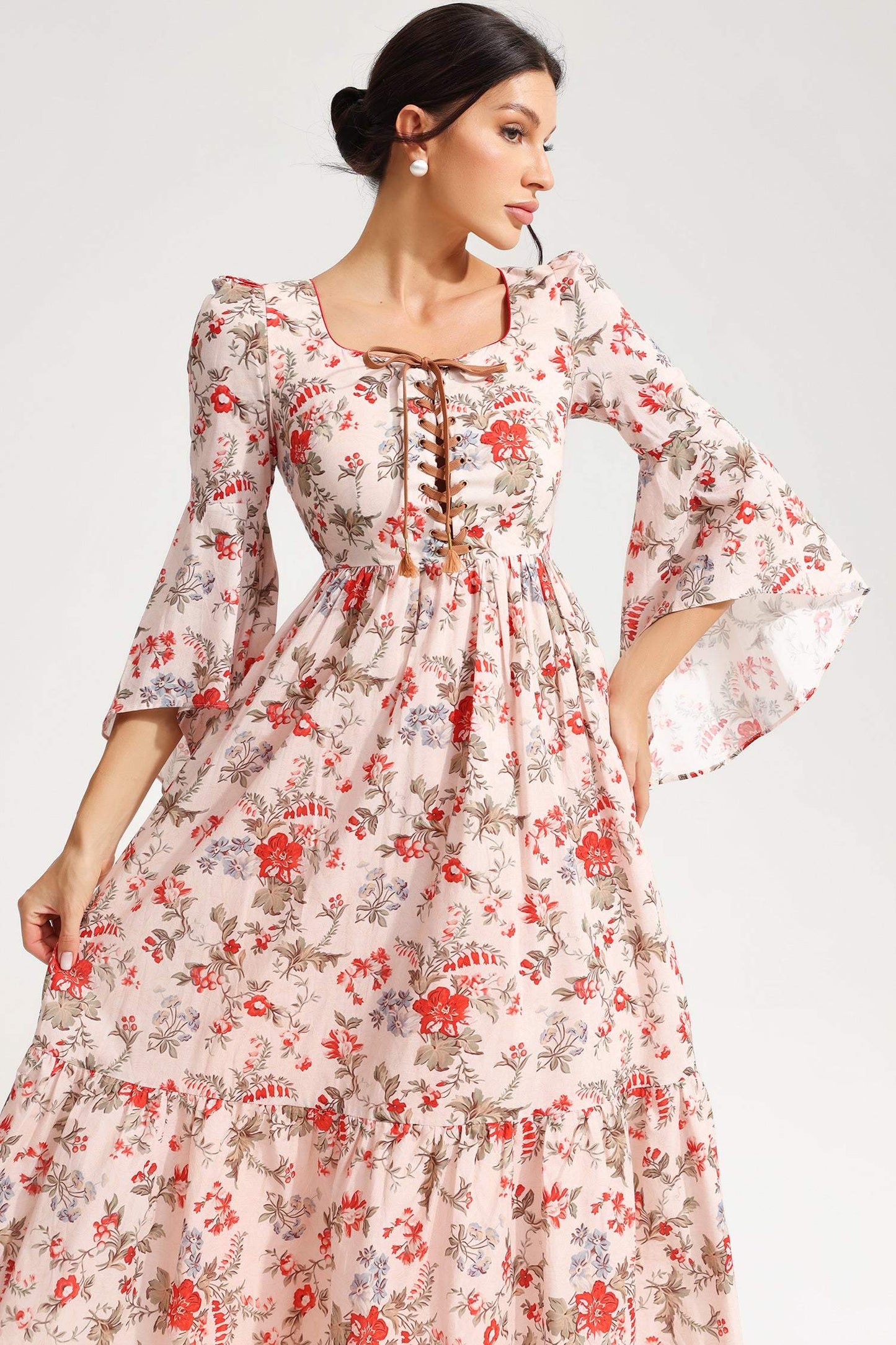 Square Collar Flared Sleeve Lace Midi Dress
