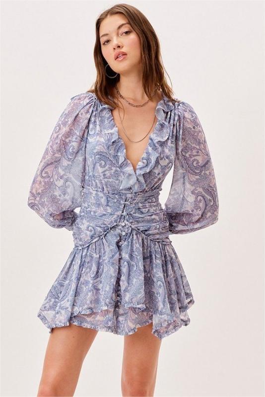 V-neck Long Sleeve Mini Dress