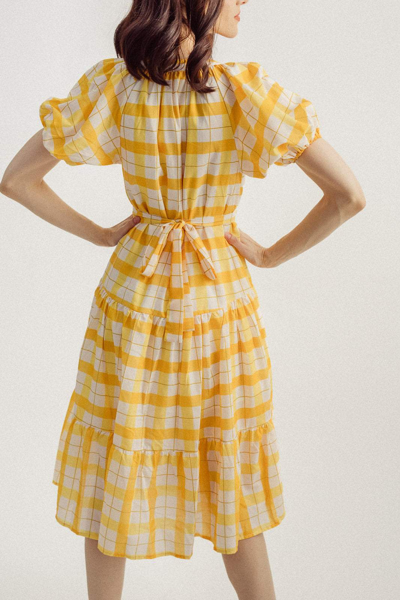 Lantern Sleeve V-neck Lattice Midi Dress