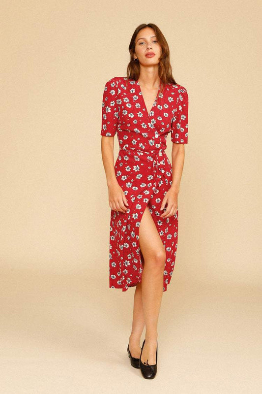 V-neck Mid Sleeve Midi Dress