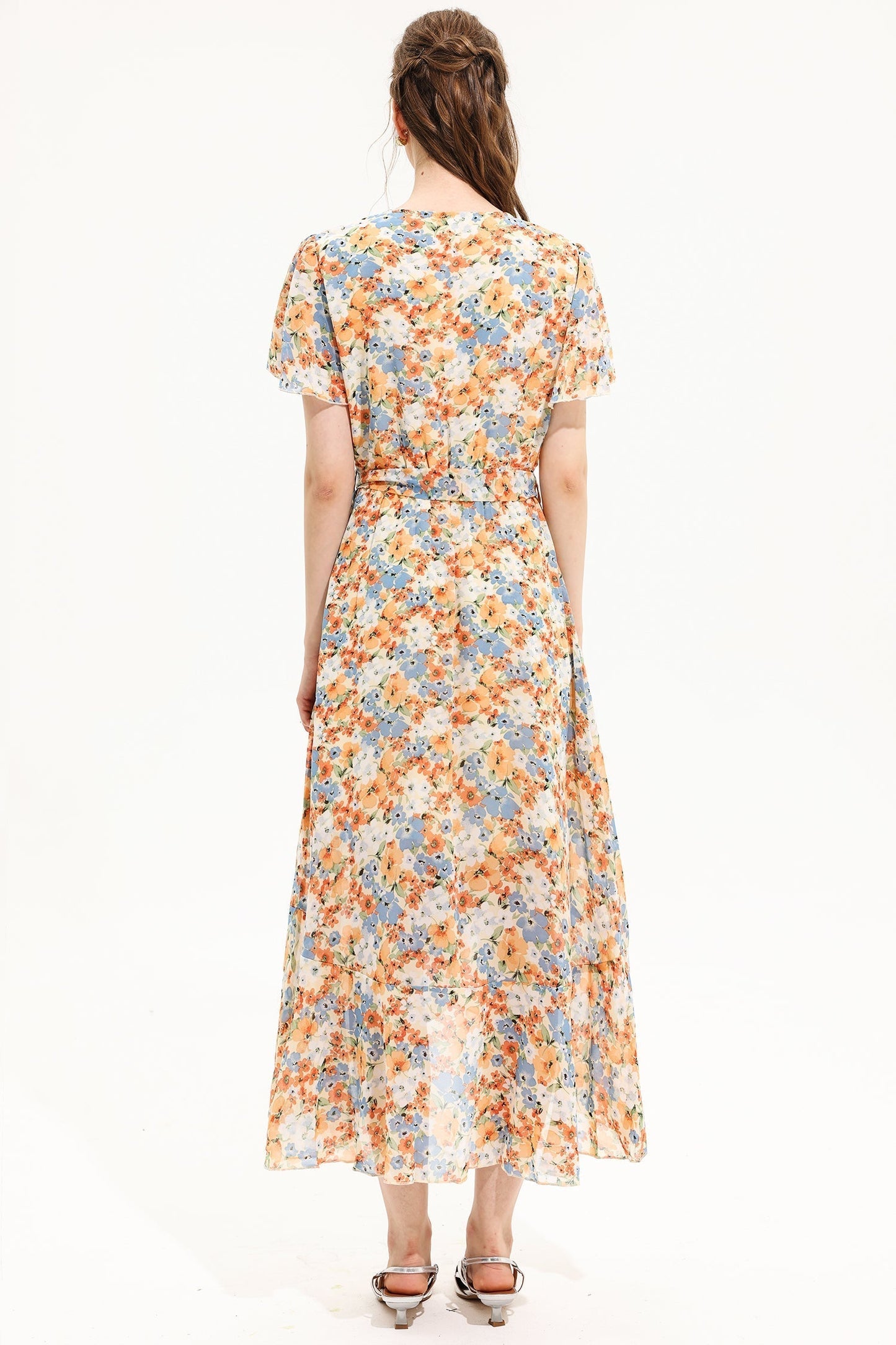 V-neck Short Sleeve Midi Dress Yellow