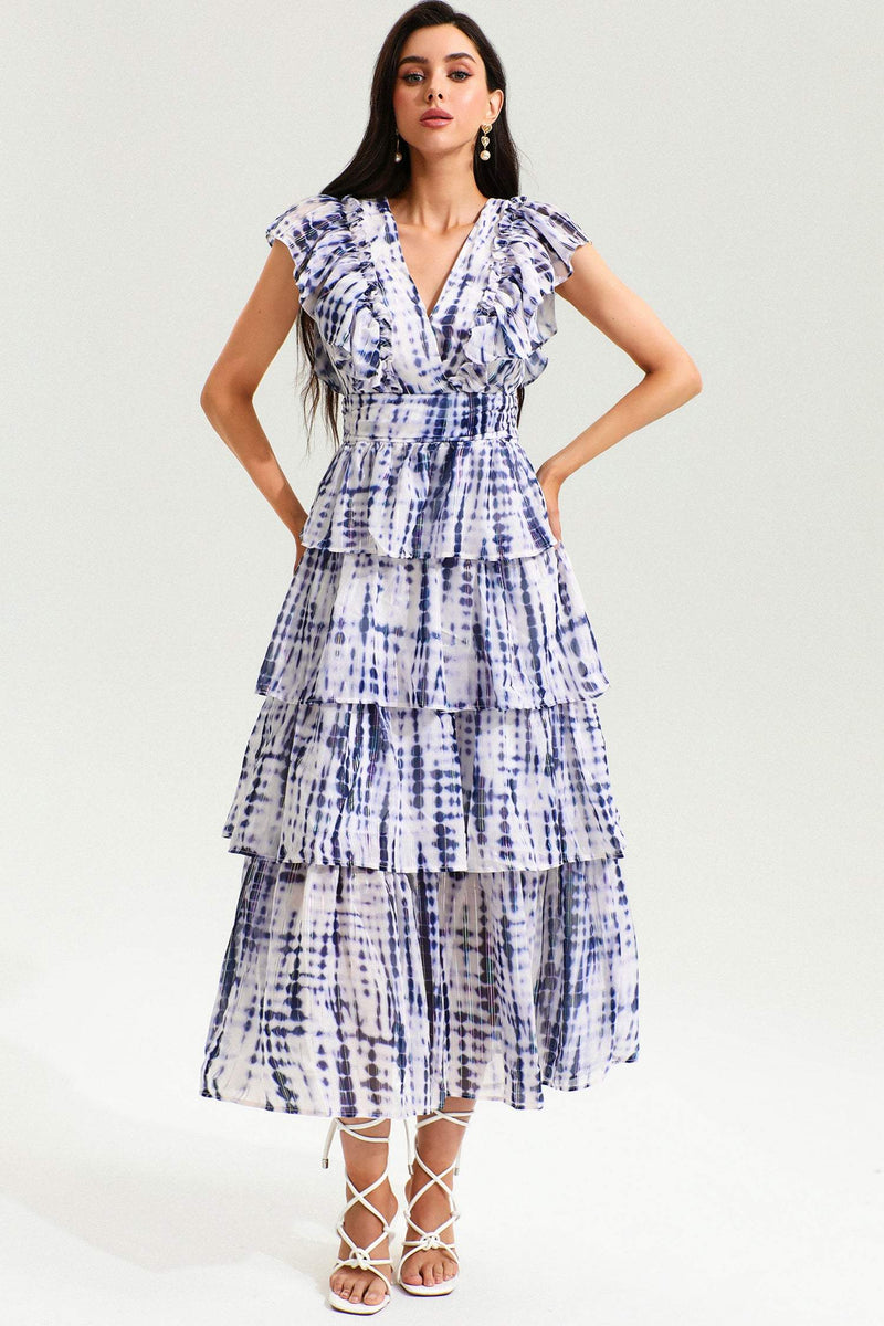 Abstract Print V-neck Sleeveless Backless Midi Dress