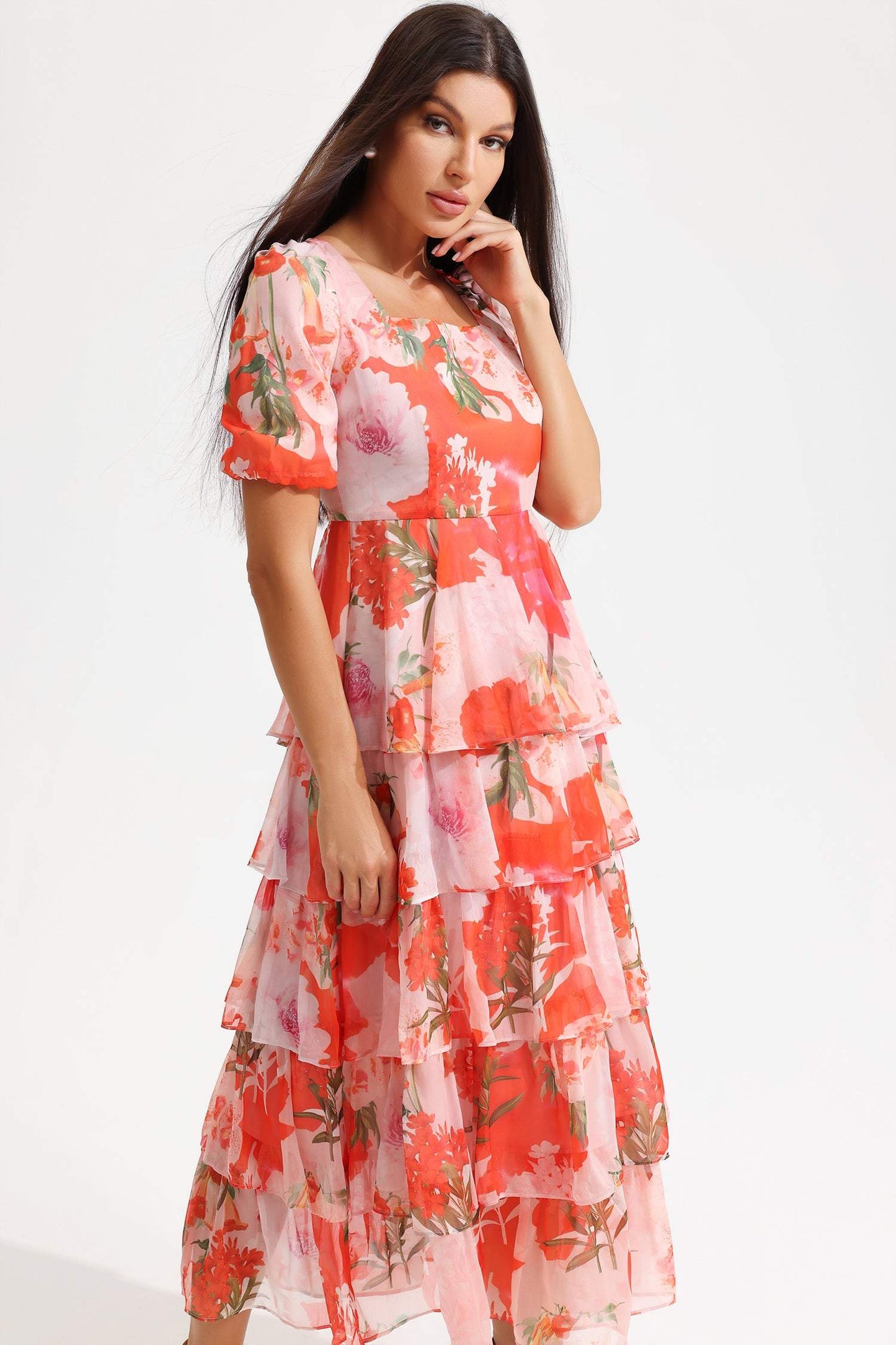 Square Collar Lantern Sleeve Tapered Waist Midi Dress