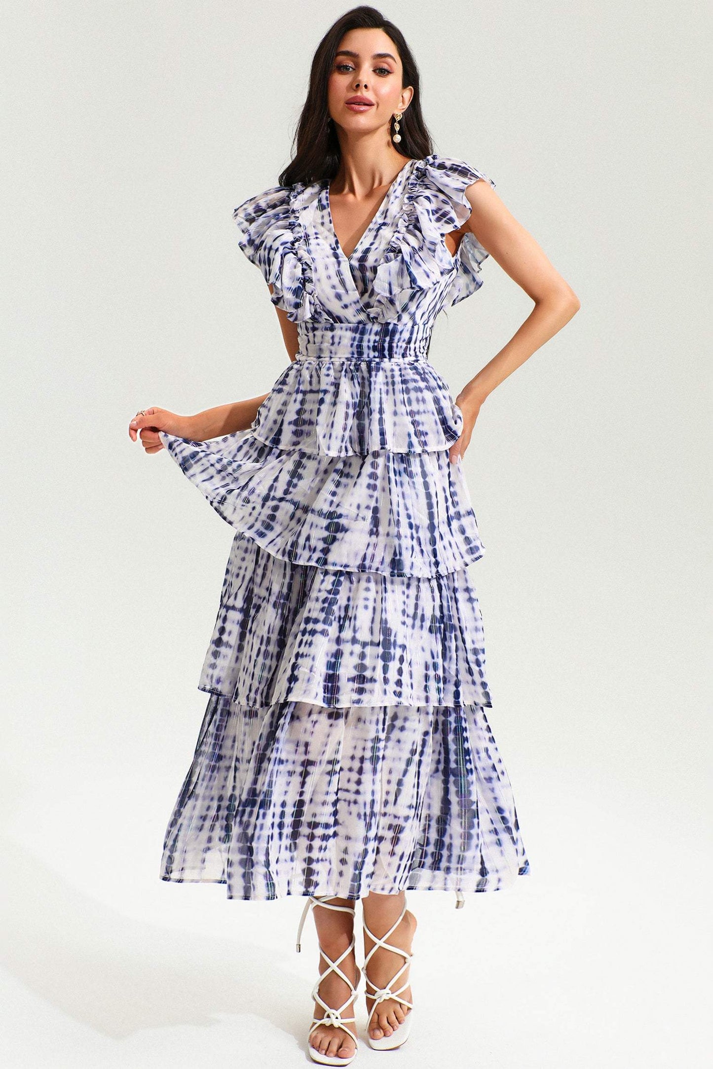 Abstract Print V-neck Sleeveless Backless Midi Dress
