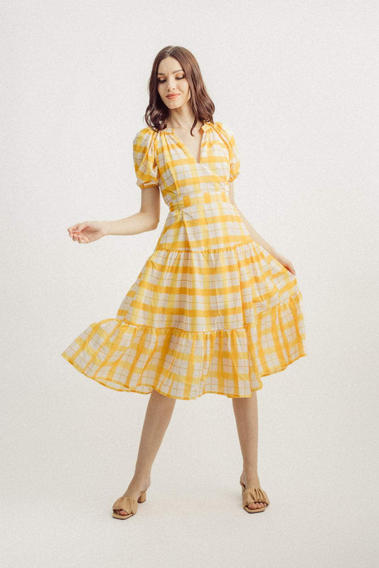 Lantern Sleeve V-neck Lattice Midi Dress