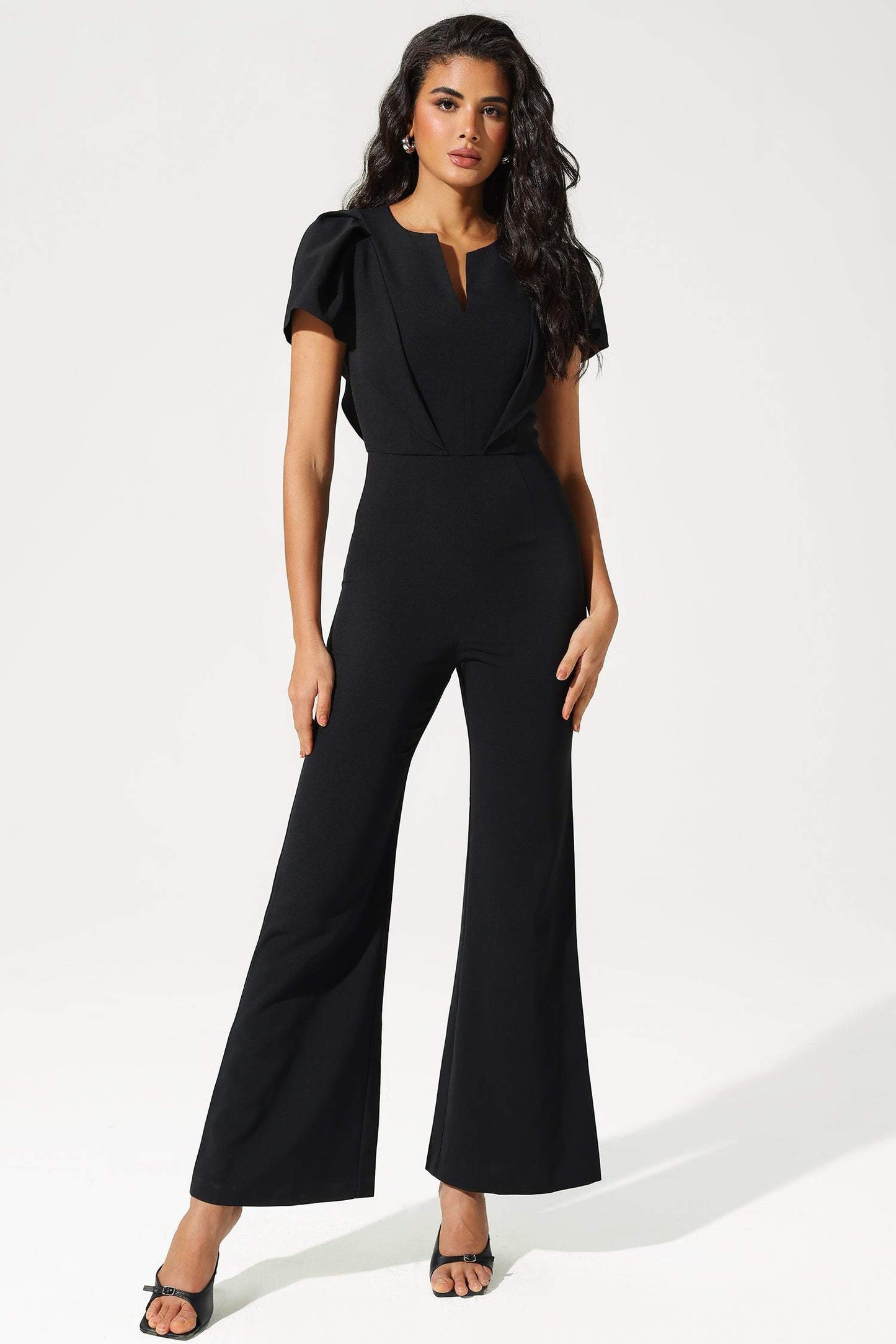 Flutter Sleeve V-neck Ruffle Hem Tapered Waist Jumpsuit