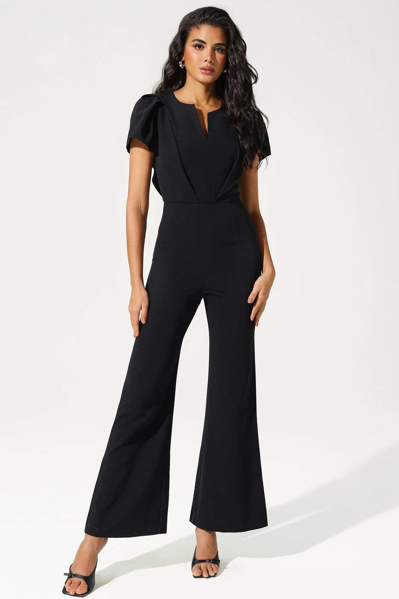 Flutter Sleeve V-neck Ruffle Hem Tapered Waist Jumpsuit