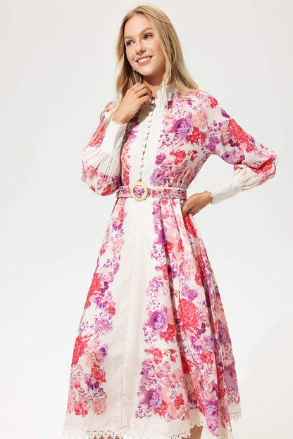 Long Sleeve Buttoned Belted Midi Dress Red