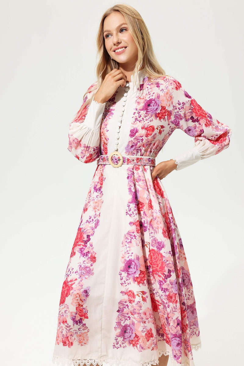 Long Sleeve Buttoned Belted Midi Dress Red