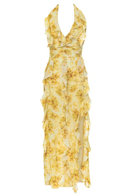 Ruffle Halter Neck Split Maxi Dress