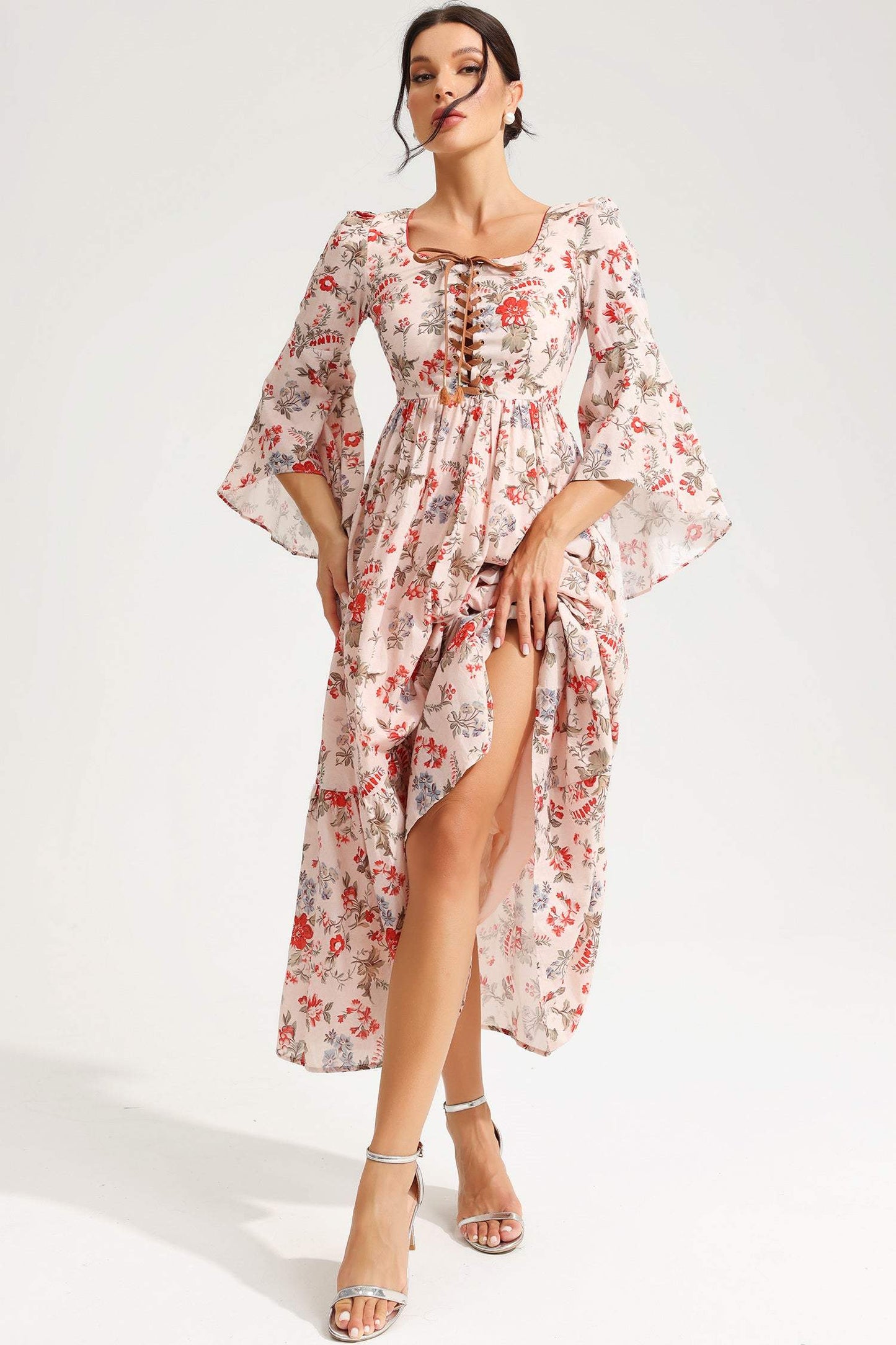 Square Collar Flared Sleeve Lace Midi Dress