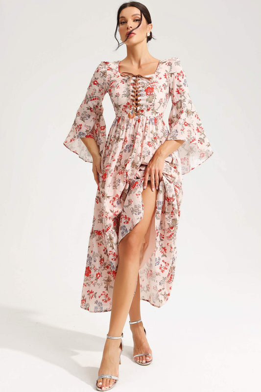 Square Collar Flared Sleeve Lace Midi Dress