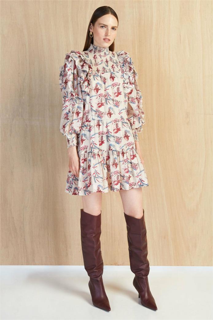 Stand Collar Lantern Sleeve Mini Dress