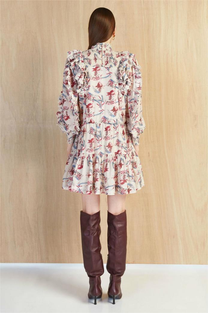 Stand Collar Lantern Sleeve Mini Dress