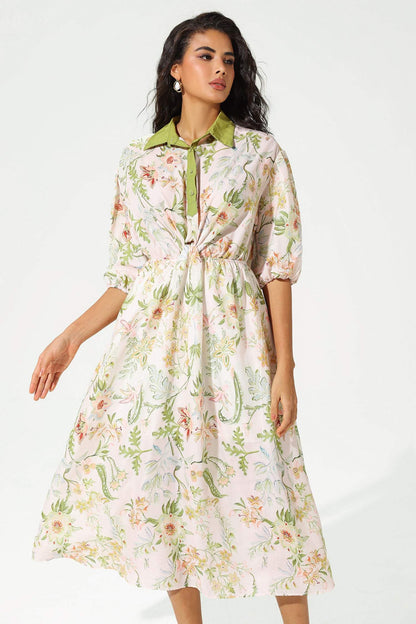 Mid Sleeve Lapel Lace Up Midi Dress