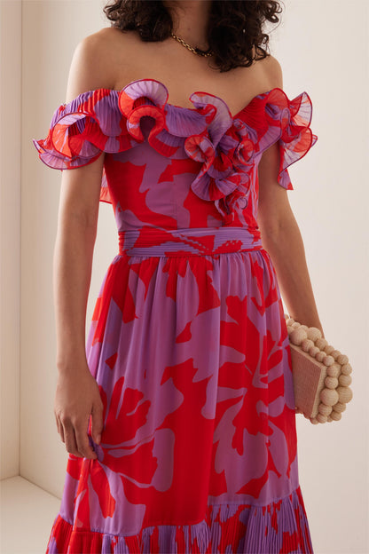 Printed One-shoulder Ruffle Maxi Dress
