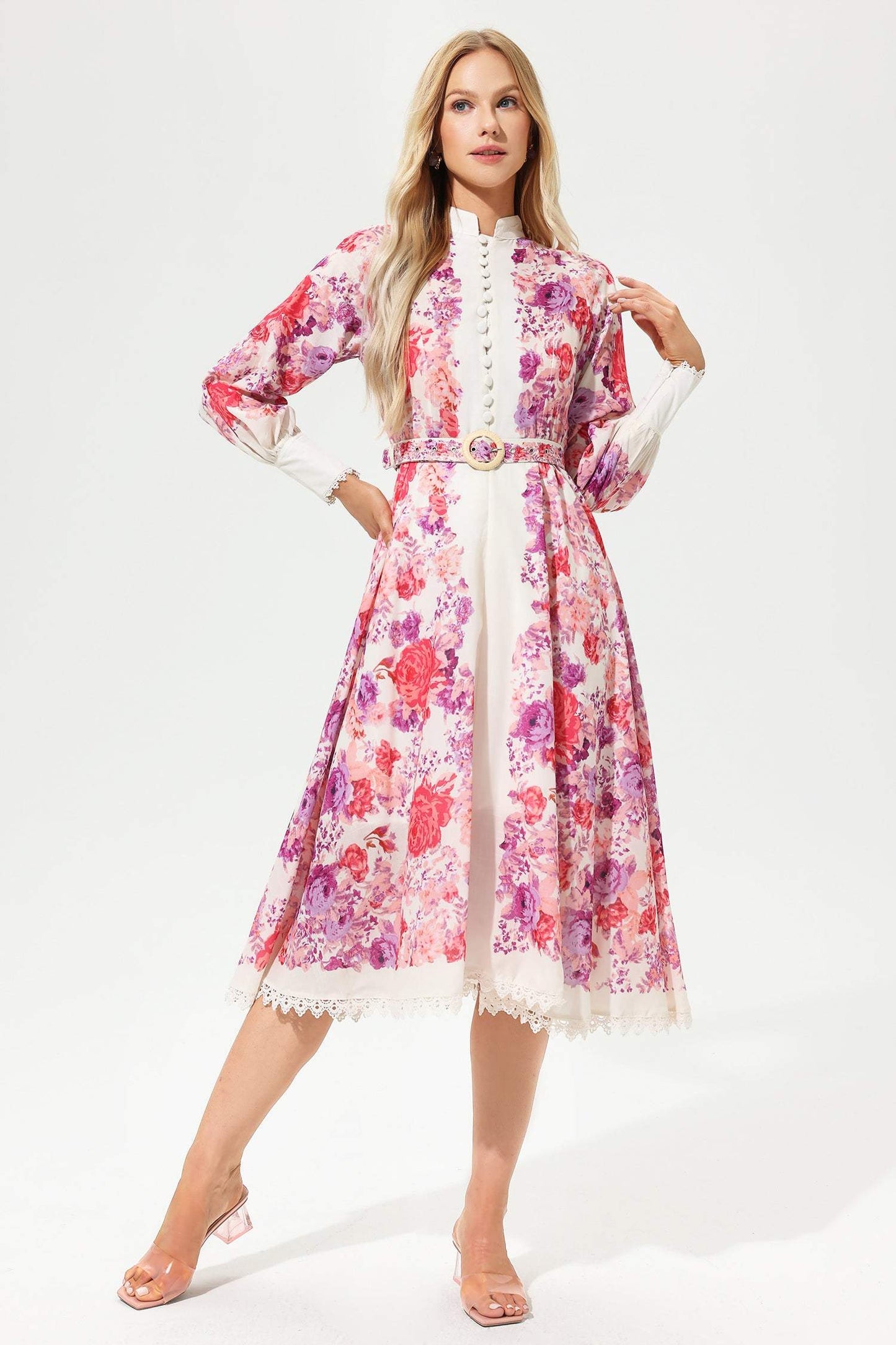 Long Sleeve Buttoned Belted Midi Dress Red