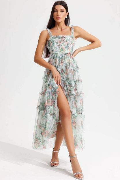 Cami Tapered Waist Frill Hem Midi Dress Green