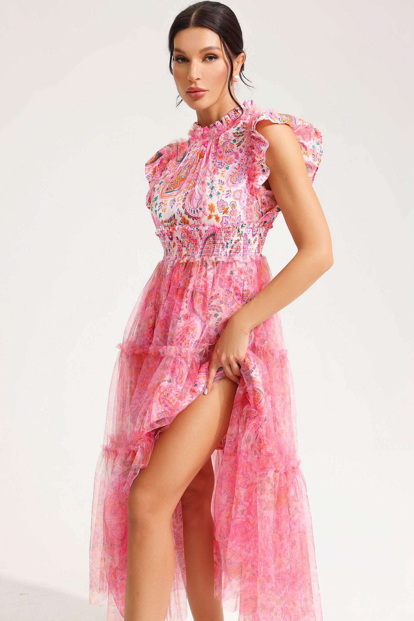 Flatter Sleeve Crew Collar Midi Dress Pink