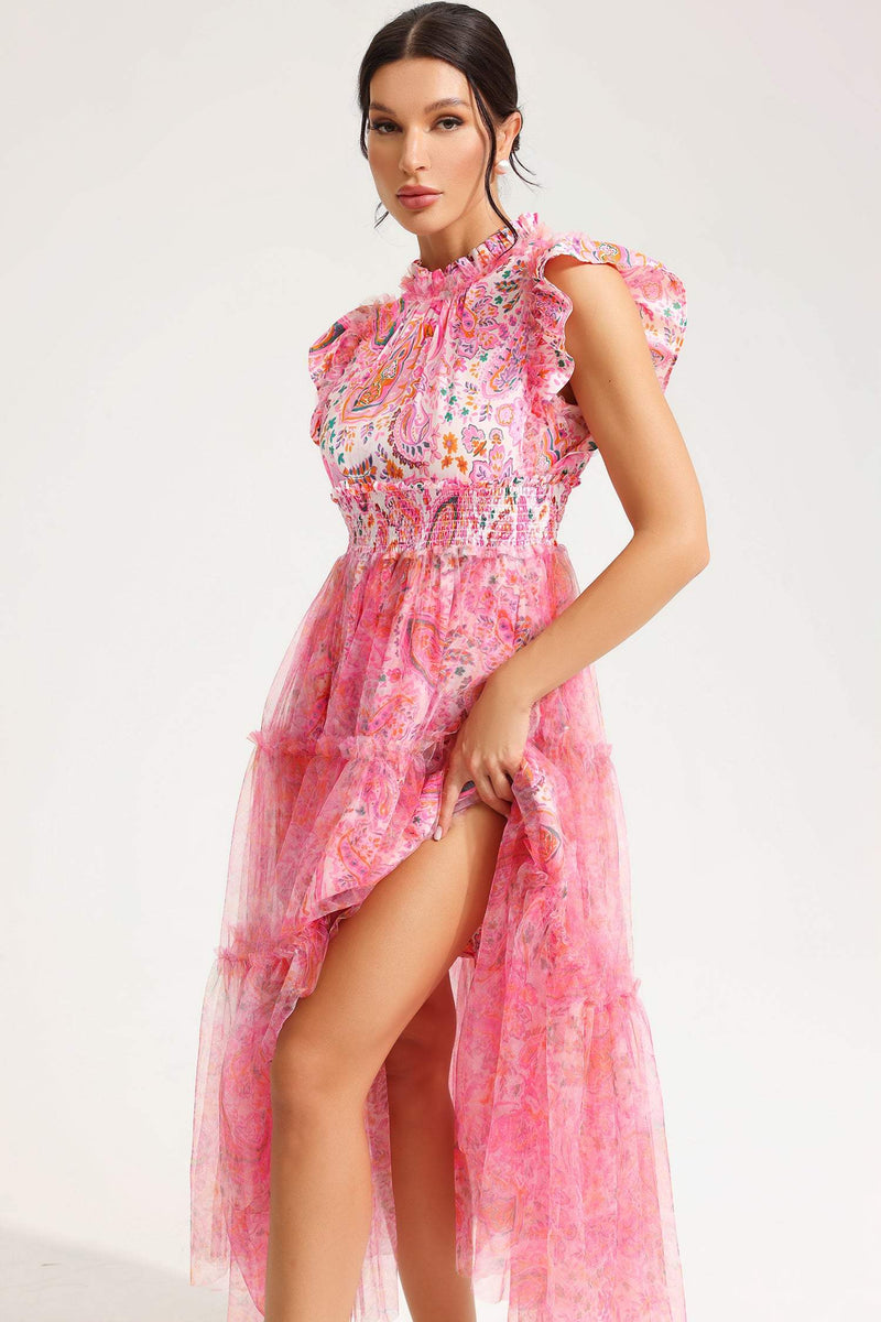 Flatter Sleeve Crew Collar Midi Dress Pink