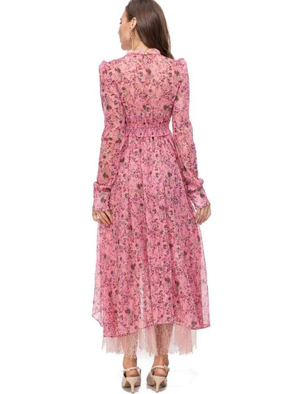 Long Round Collar Lace Waist Midi Dress