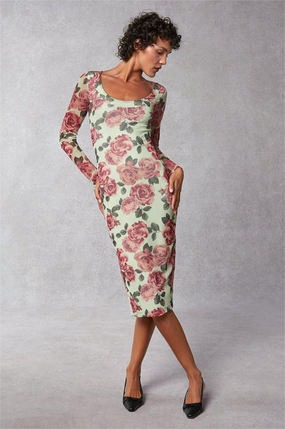 Round Neck Long Sleeve Midi Dress