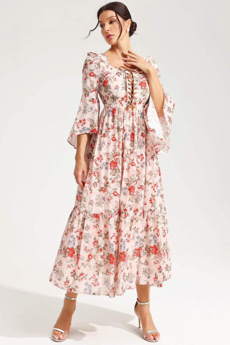 Square Collar Flared Sleeve Lace Midi Dress