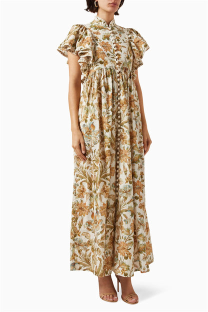 Flutter Sleeve Buttoned Maxi Dress