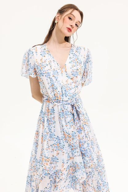 V-neck Short Sleeve Midi Dress Yellow