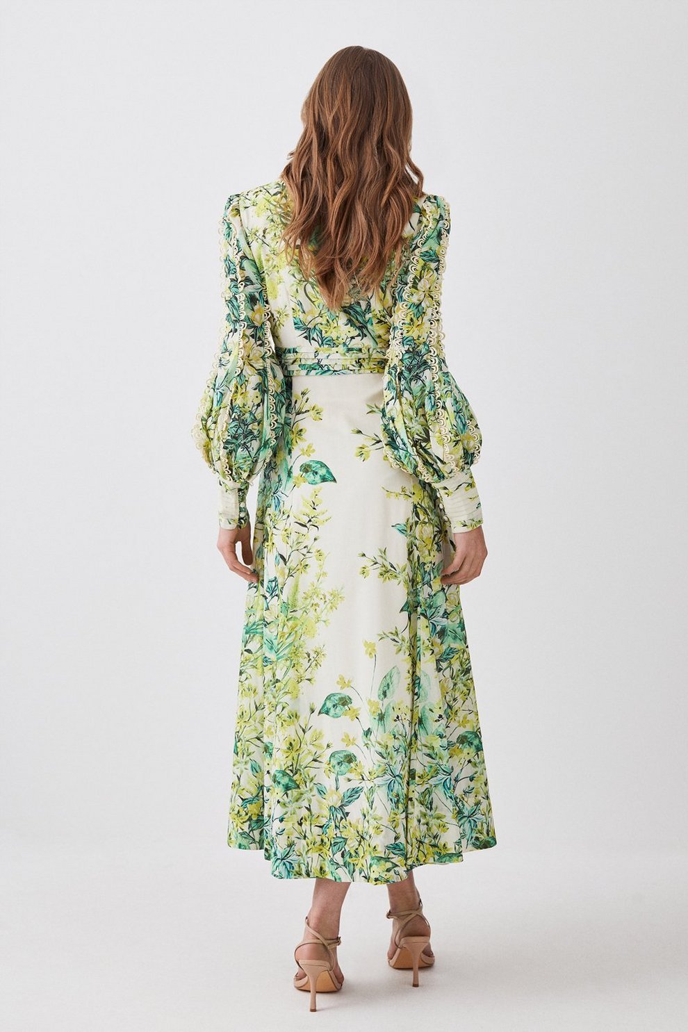 Printed Lantern Sleeve V-neck Buckle Waist Midi Dress