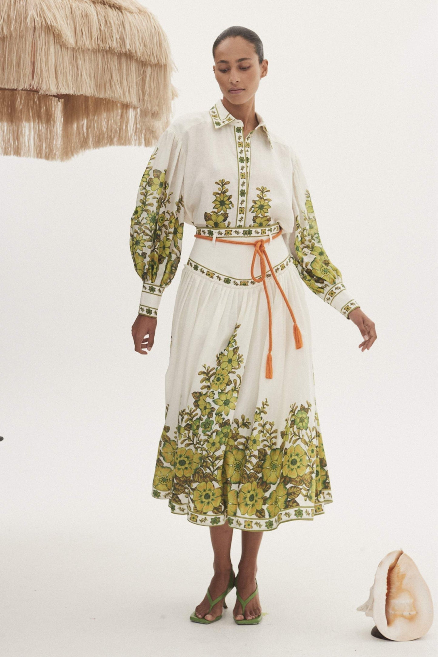 Lantern Sleeve Blouse �?high Waist Midi Skirt Set