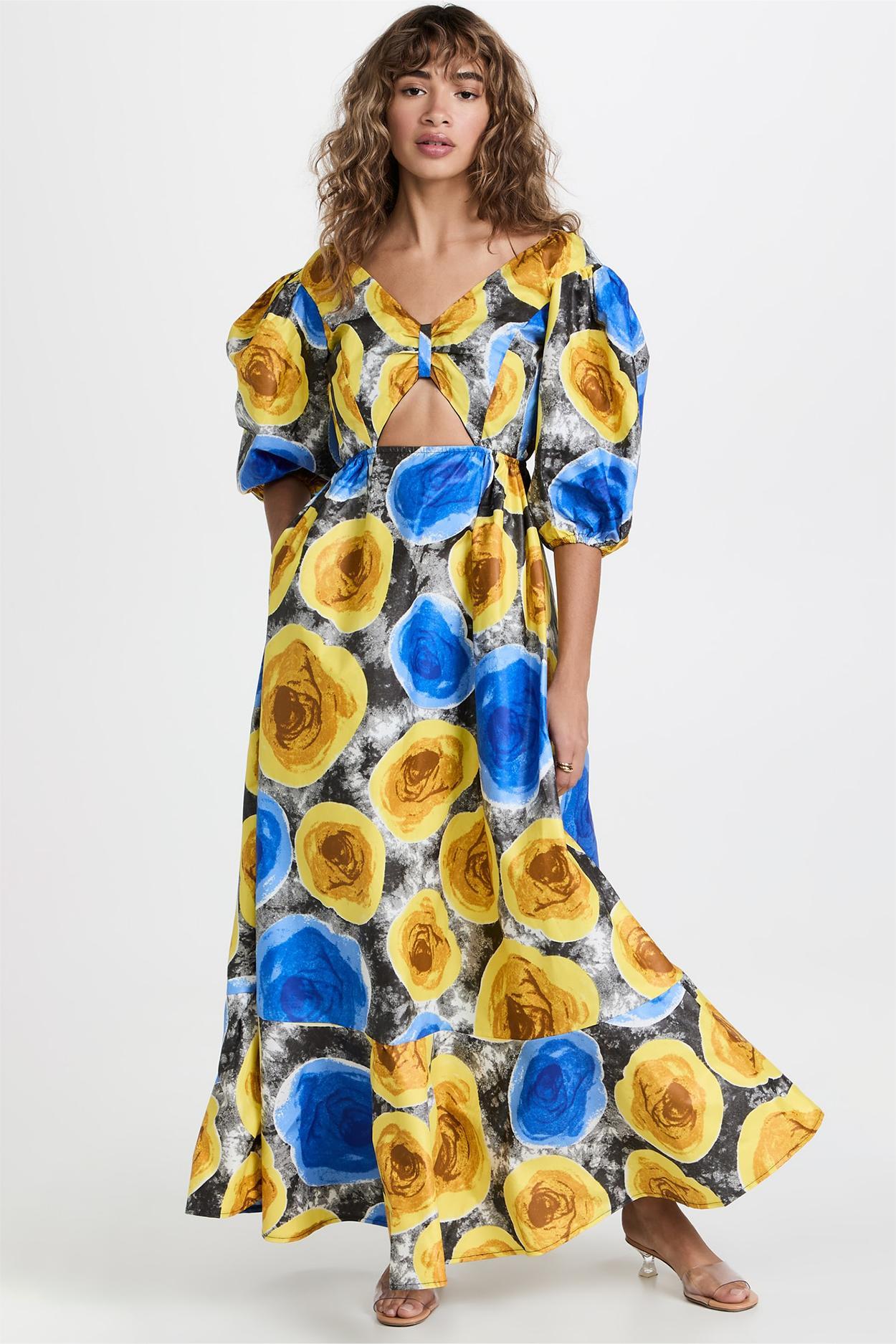V-neck Puff Sleeve Cut-out Midi Dress