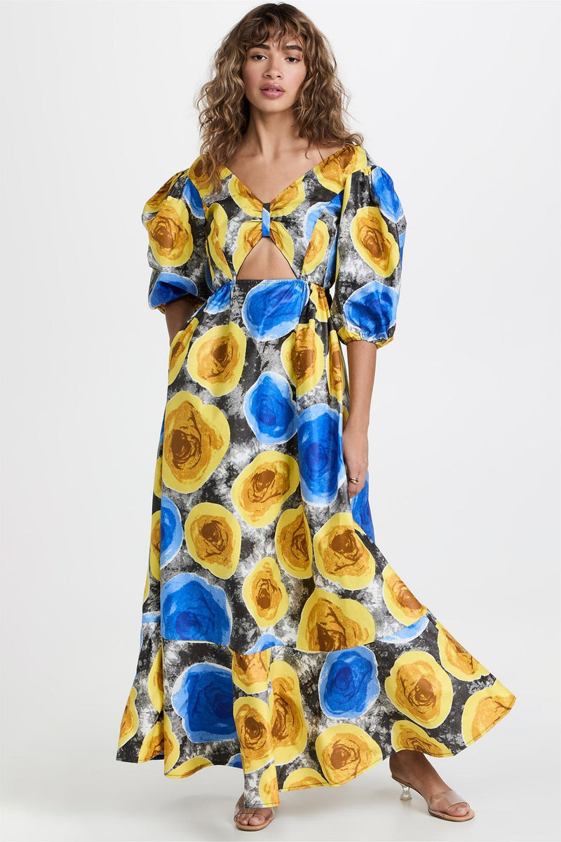 V-neck Puff Sleeve Cut-out Midi Dress