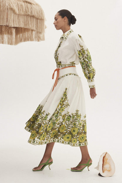 Lantern Sleeve Blouse �?high Waist Midi Skirt Set