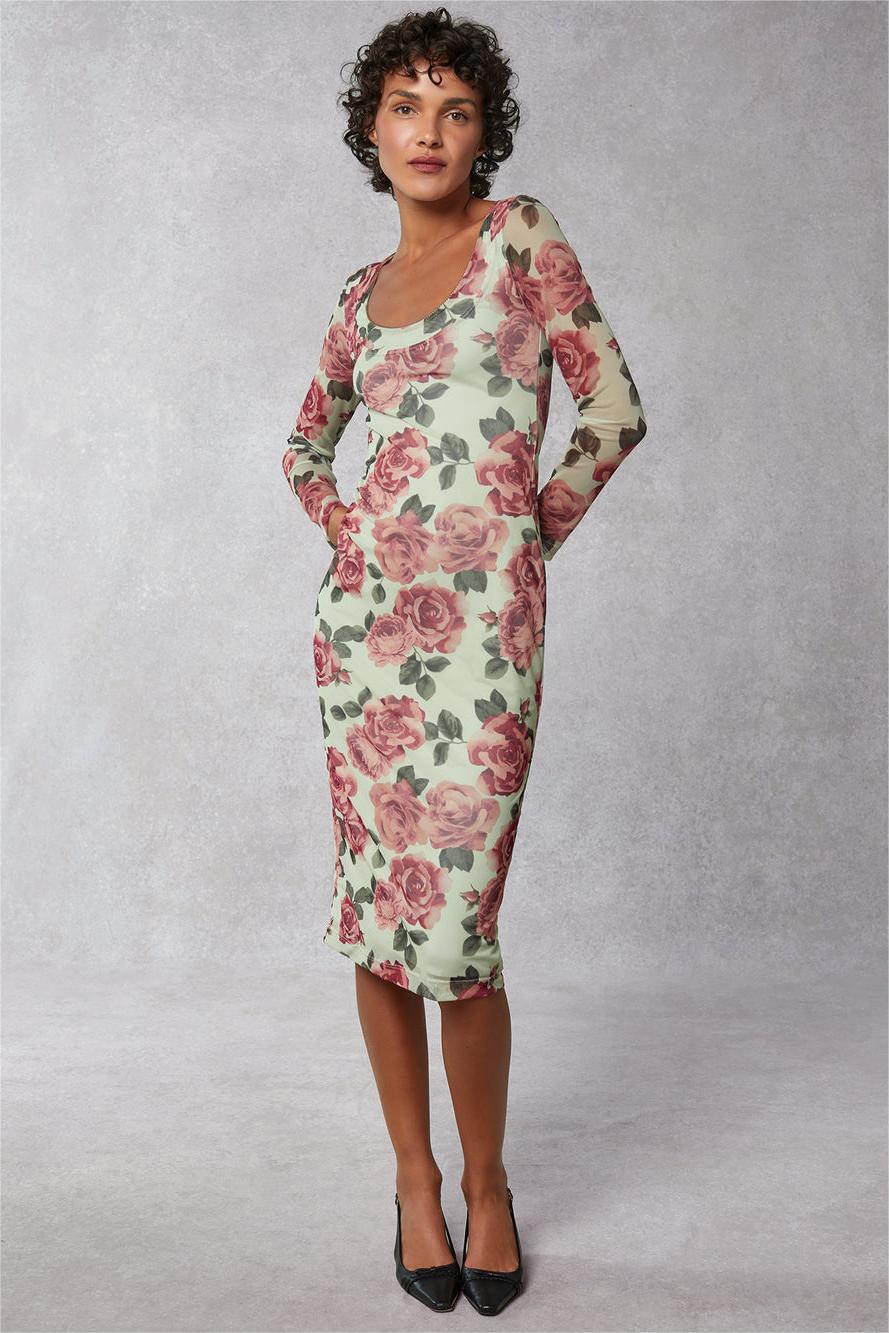 Round Neck Long Sleeve Midi Dress