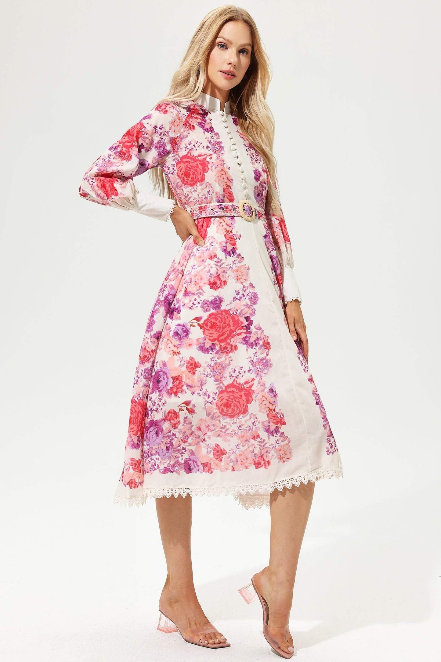 Long Sleeve Buttoned Belted Midi Dress Red