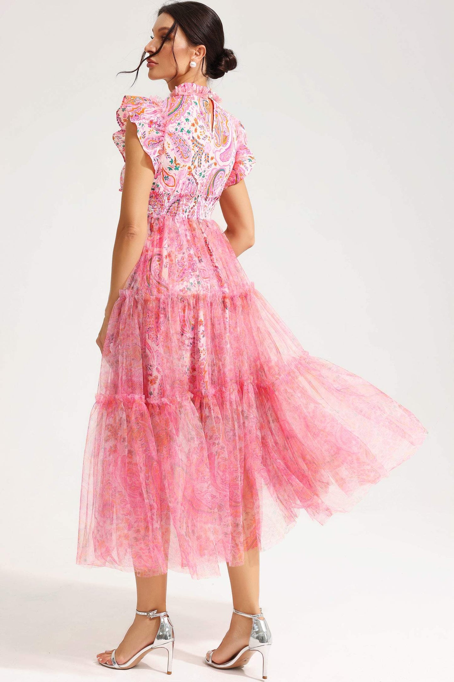 Flatter Sleeve Crew Collar Midi Dress Pink