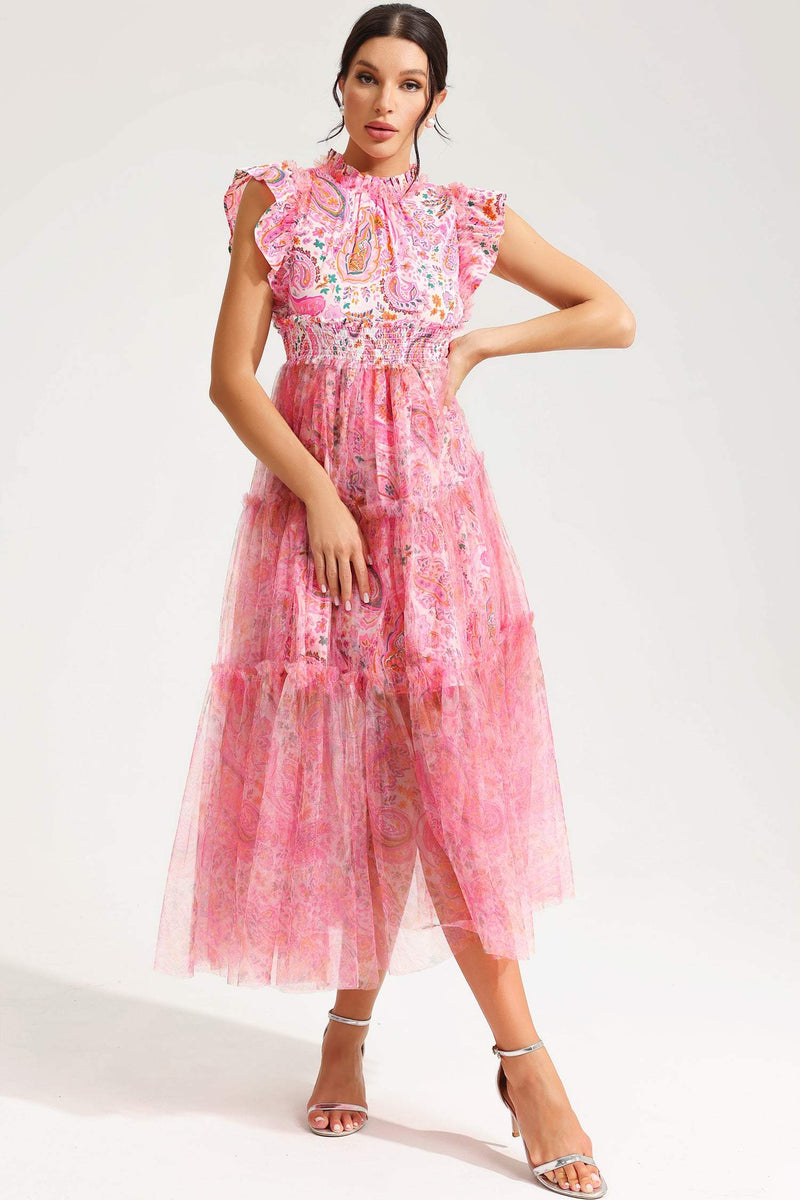 Flatter Sleeve Crew Collar Midi Dress Pink