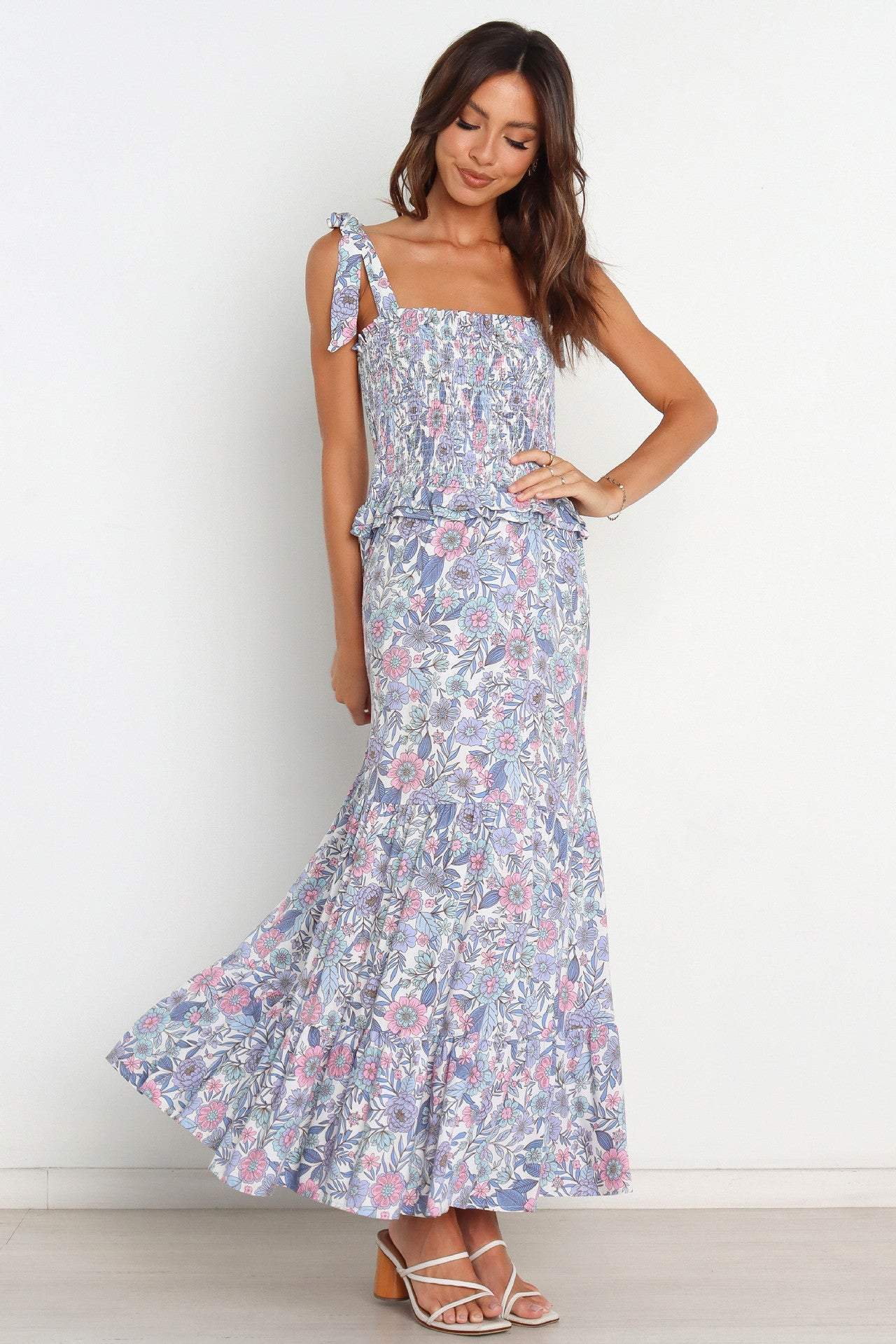 Smocked Elastic Lace Up Cami Midi Dress