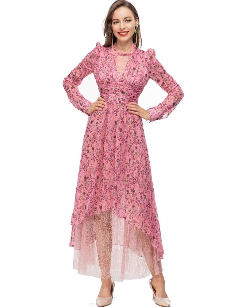 Long Round Collar Lace Waist Midi Dress