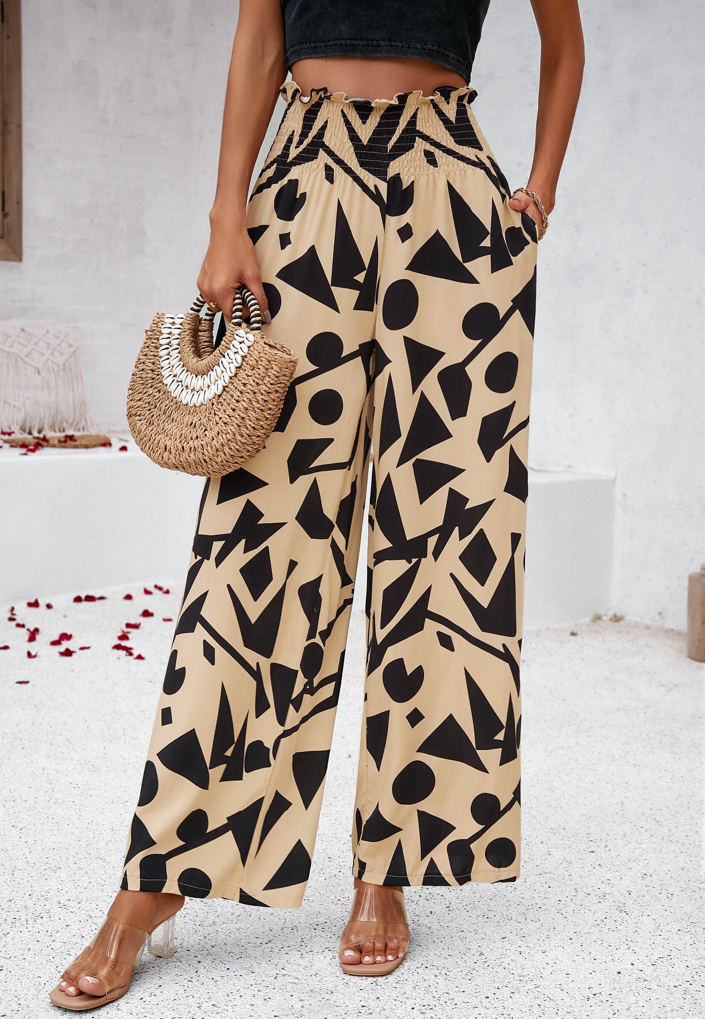 Stay With Me Printed Wide Leg Pants - Khaki
