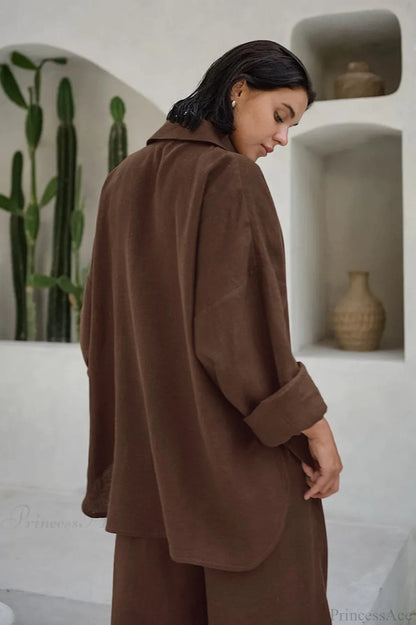 Khaki Cotton Linen Relaxed Long Sleeve Two Piece Set