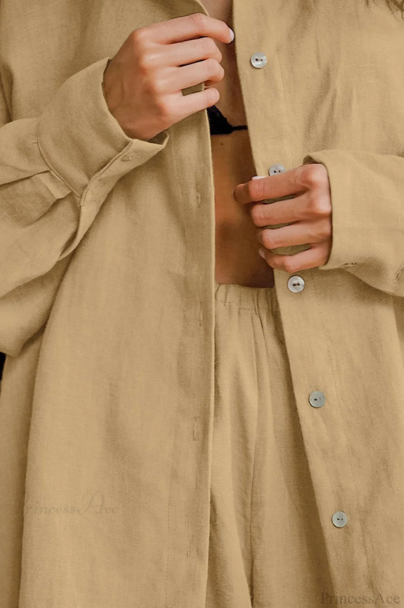 Khaki Cotton Linen Relaxed Long Sleeve Two Piece Set